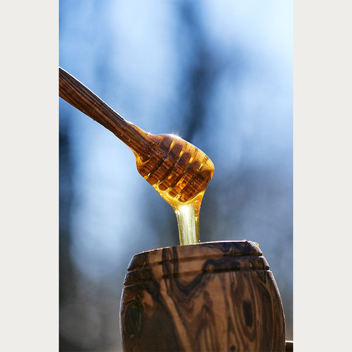 Golden honey flowing from a dipper into a wooden honey jar, with a nature backdrop.