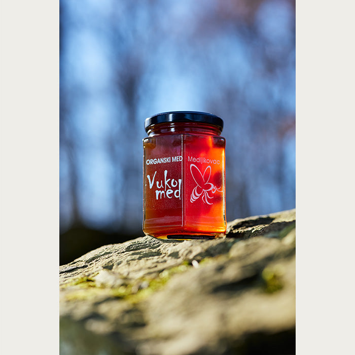 A jar of Almazan Kitchen organic honey lit up by the sun, on a mossy stone.