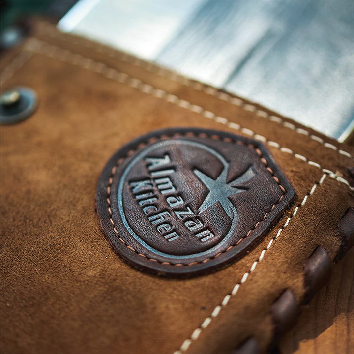 Light Brown Leather Knife Sheath with the Almazan Kitchen logo in focus