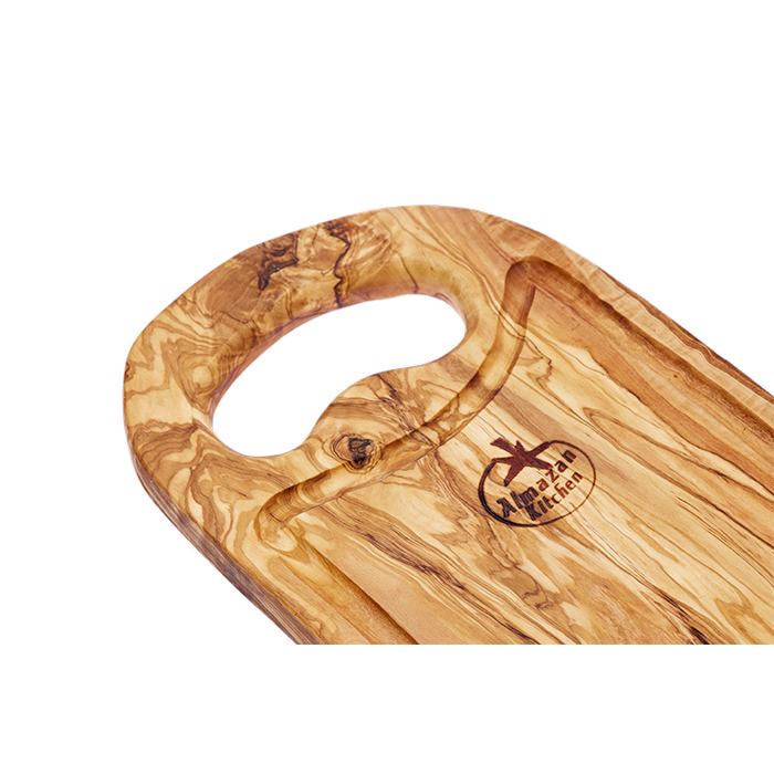 Almazan Kitchen olive wood steak board with the handle and the logo in focus.