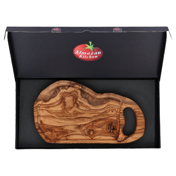 Almazan Kitchen olive wood steak board in premium black packaging, with a red Almazan Kitchen logo.