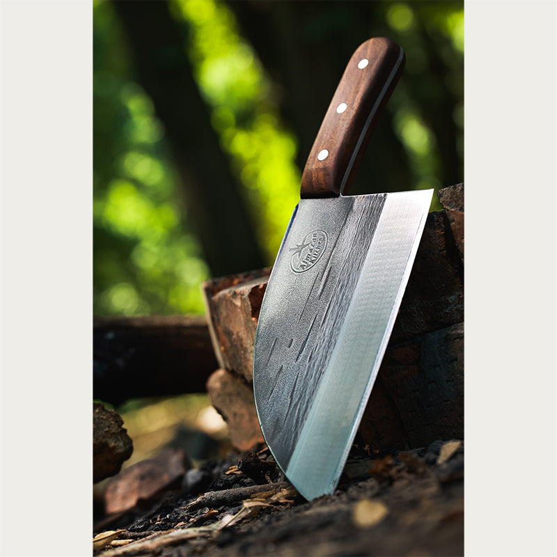 Almazan Kitchen Serbian Chef Knife leaning on bricks in a forest.