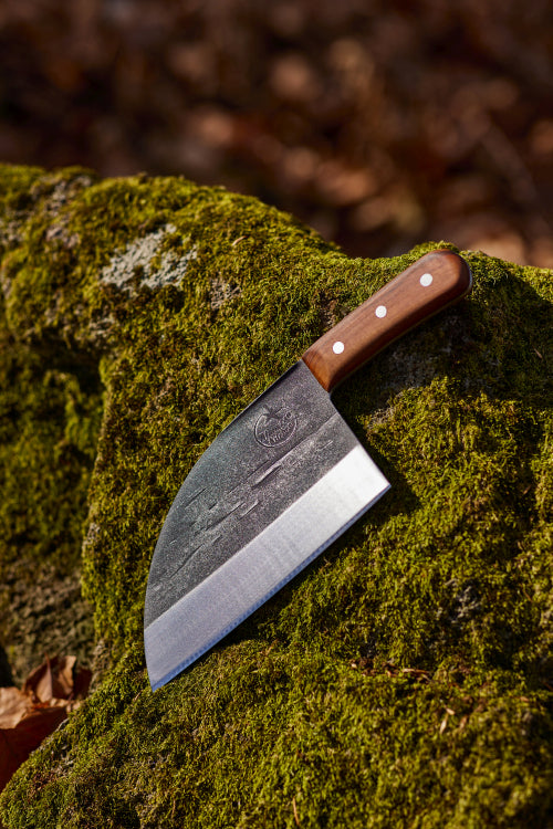 Almazan Kitchen Serbian Chef Knife on a stone covered completely in moss.