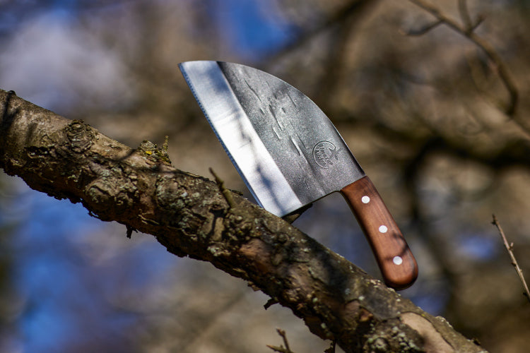 Almazan Kitchen Serbian Chef Knife lodged in a tree.