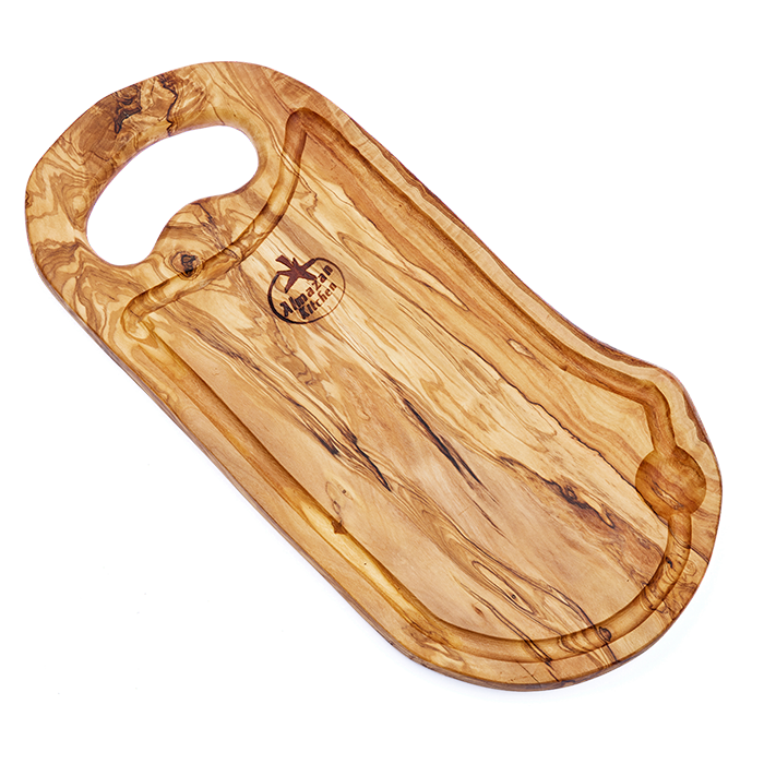 Almazan Kitchen premium olive wood serving board with natural grain and carved logo detail.