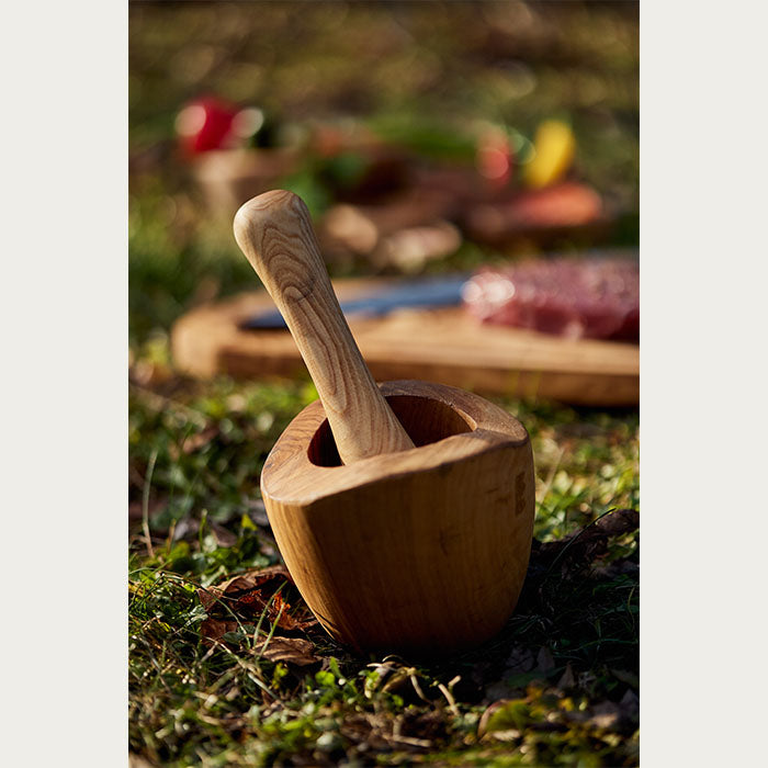Wooden mortar and pestle in focus with a piece of meat on a cutting board out of focus in the background, set upon a grassy 