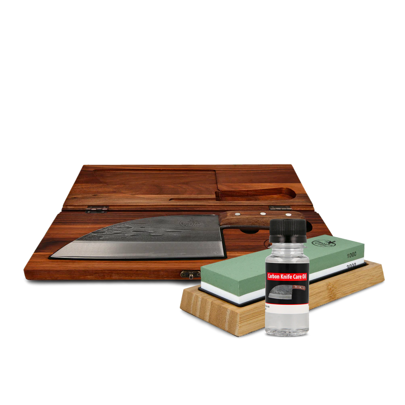 Serbian chef knife inside a walnut box with a sharpening stone set and carbon knife oil in front of it