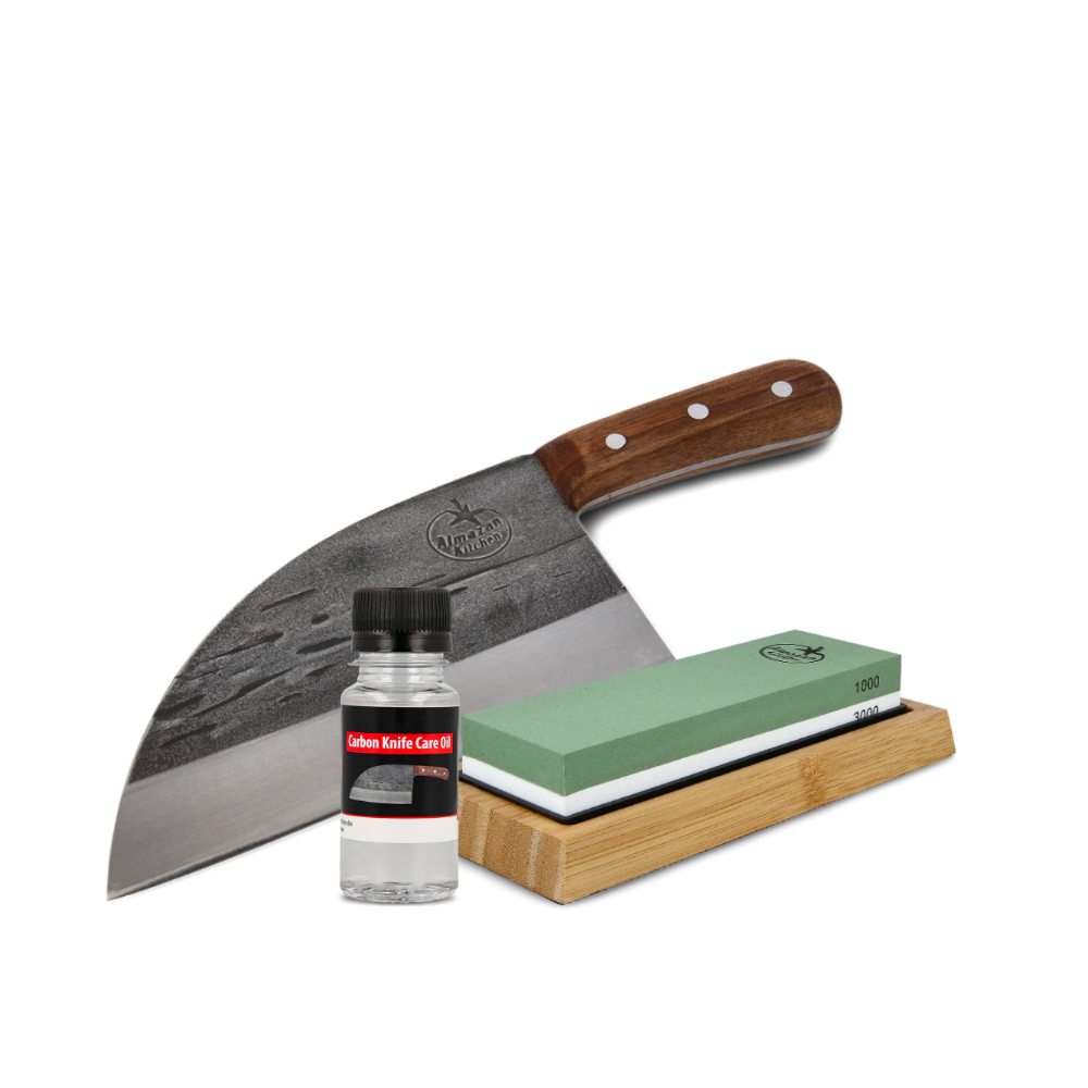 Serbian Chef Knife, Carbon Knife Care oil and a sharpening stone set on a transparent background