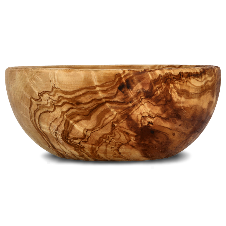 Almazan Kitchen large olive wood bowl shown from the side
