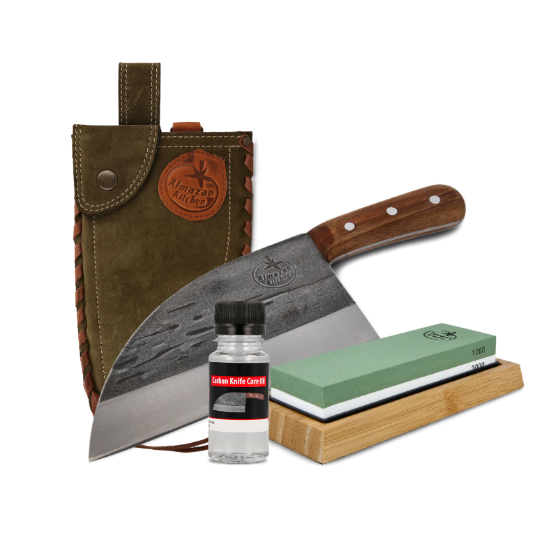 Serbian Chef Knife, olive leather knife sheath, sharpening stone set and carbon knife oil on a transparent background
