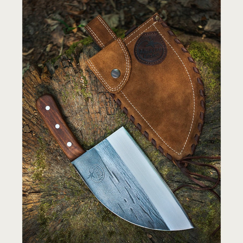 Serbian Chef Knife and a Light Brown Leather Sheath on a tree trunk
