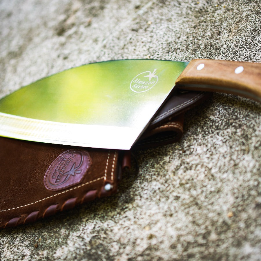 Almazan Kitchen Steak Knife and a brown leather sheath on top of a stone. 