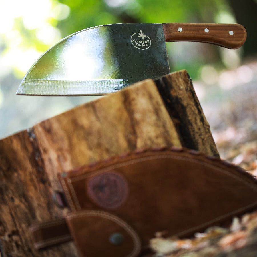 Almazan Kitchen Steak Knife lodged into a tree trunk with a brown leather knife sheath in front of it.