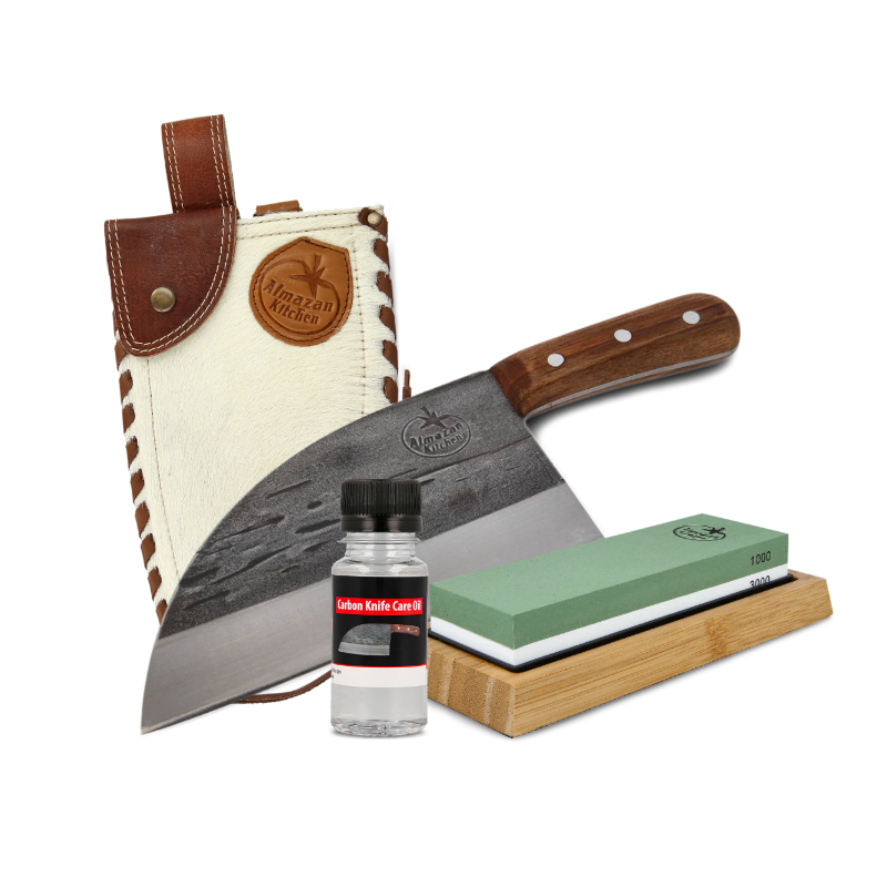 Serbian Chef Knife, white hide knife sheath, sharpening stone set and carbon knife oil on a transparent background