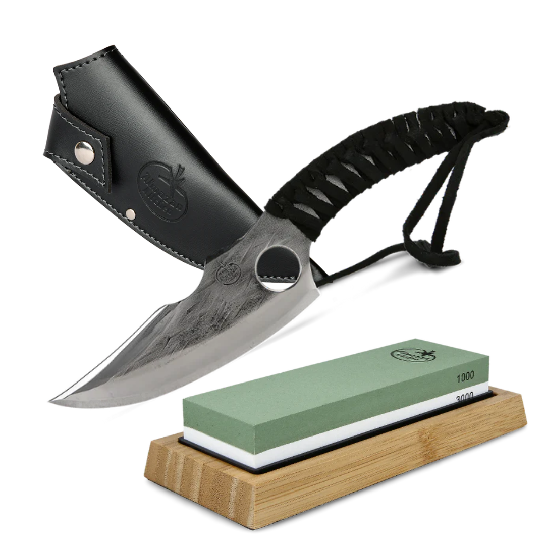 The Adventure & Maintenance Trio – Predator Knife, Premium Sheath & Sharpening Stone