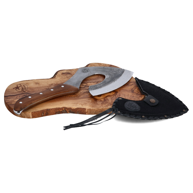 Almazan Kitchen Carbon Cooking Axe and a black hide axe sheath on a cutting board