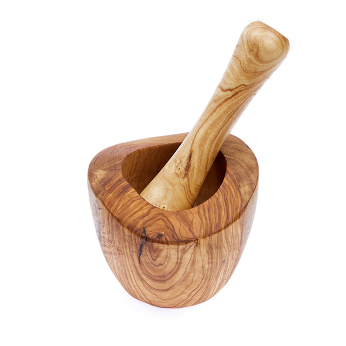 A mortar and pestle made out of olive wood on a transparent background.