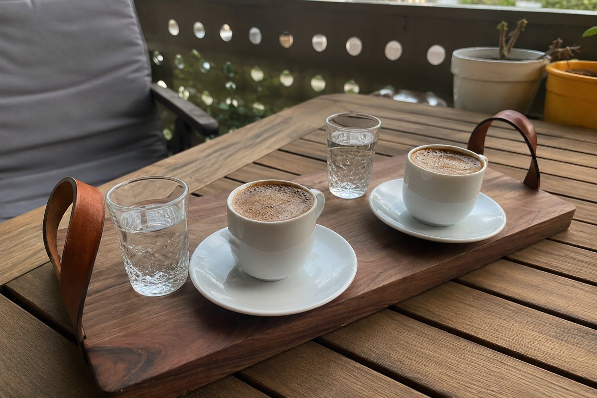 Serving tray with coffee on the terrace