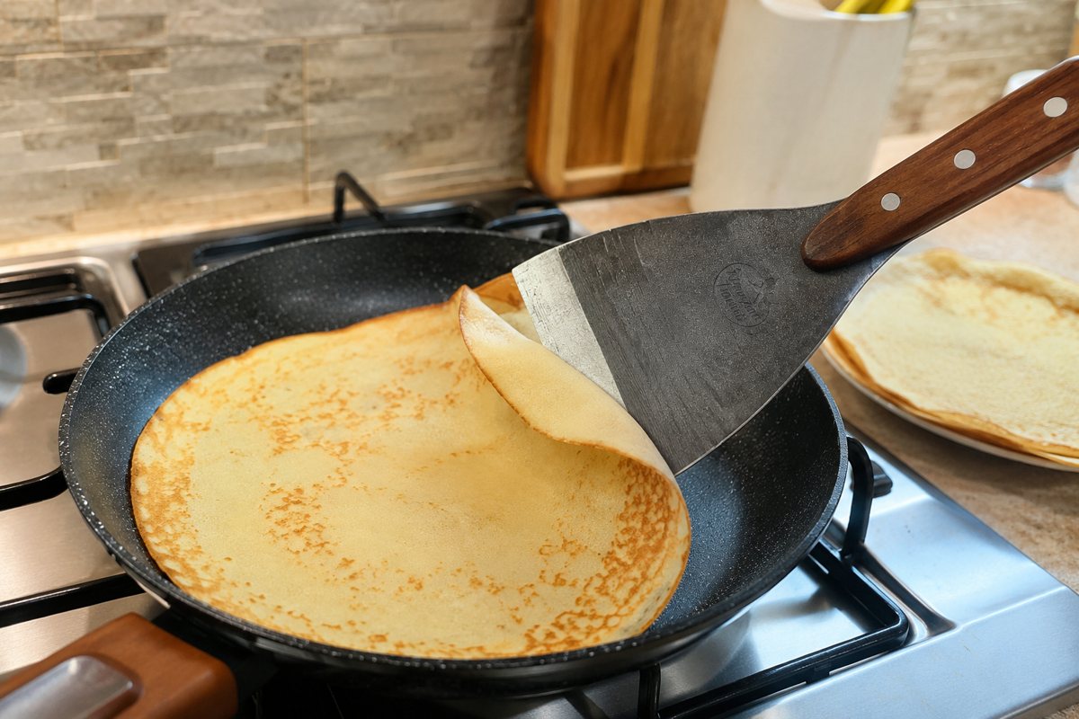 Spatula lifting a pancake from the pan